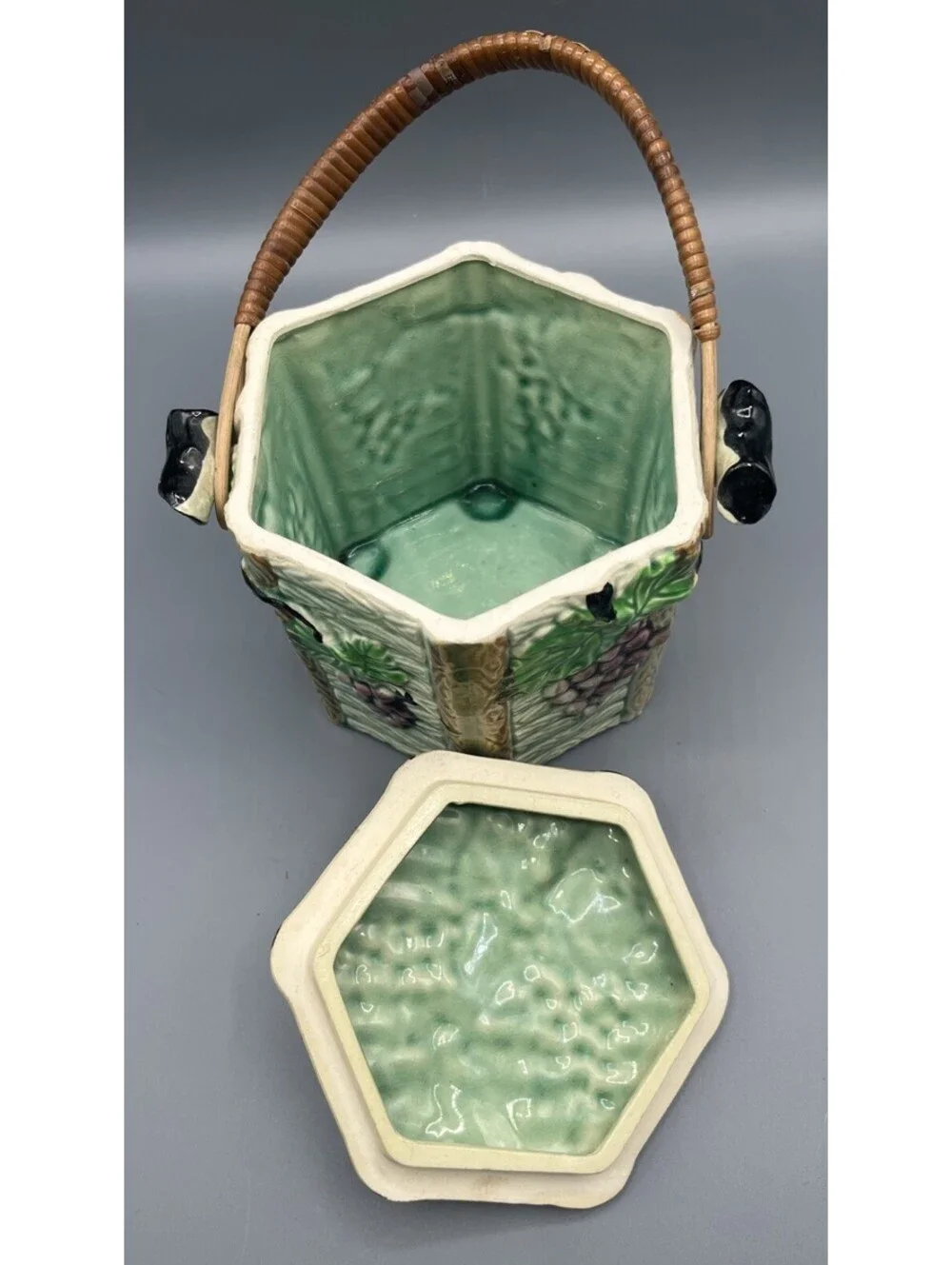 Vintage Japan Majolica Biscuit Cookie Jar Grape Vine Basket Handle Ceramic Lid